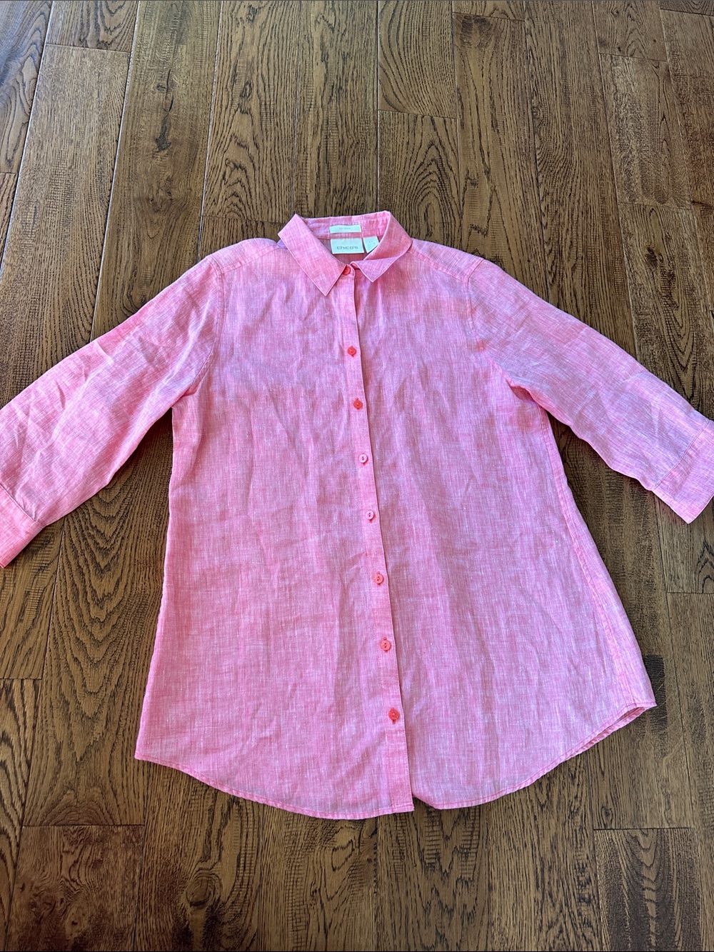 Chico’s Women’s Linen Pink Button-Up Shirt 3/4 Sleeve Size 0